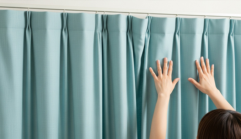 洗ったカーテンをカーテンレールへ干す