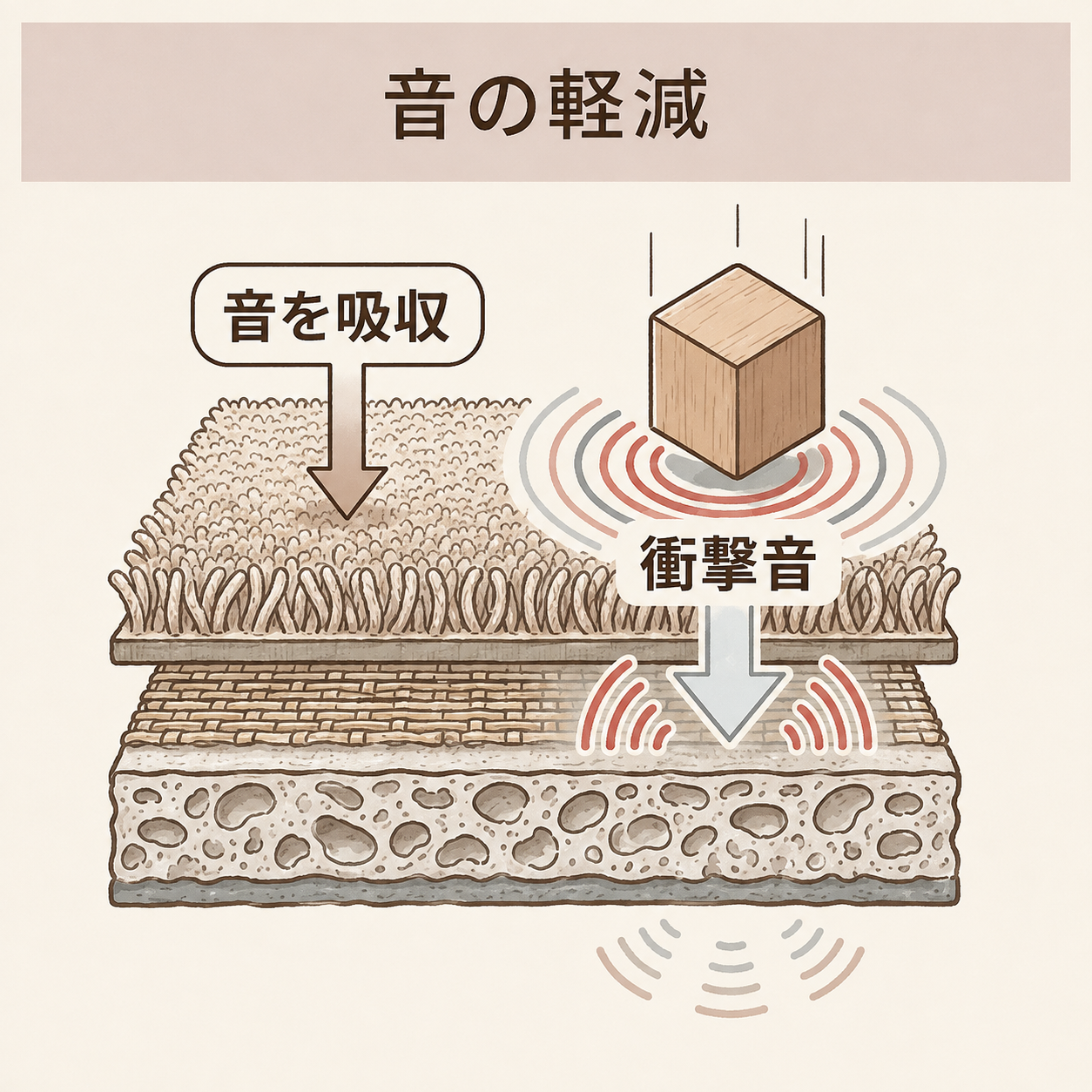 音の軽減。カーペットが衝撃音を吸収する仕組みのイメージ図